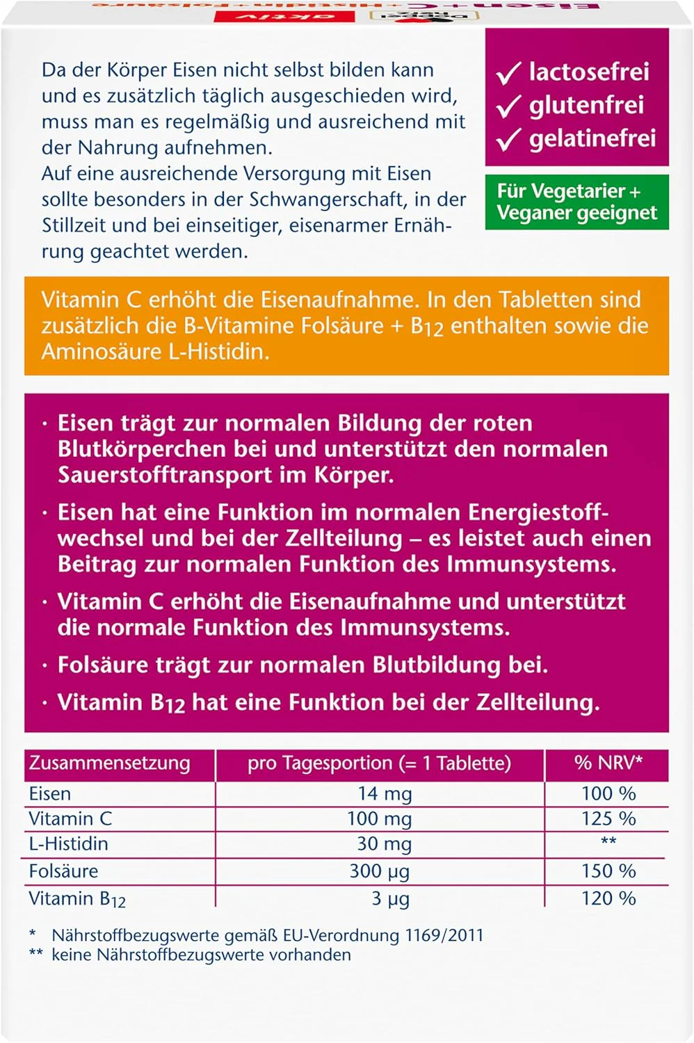 Eisen + C + Histidin + Folsäure (30 Tabletten) - Image 2